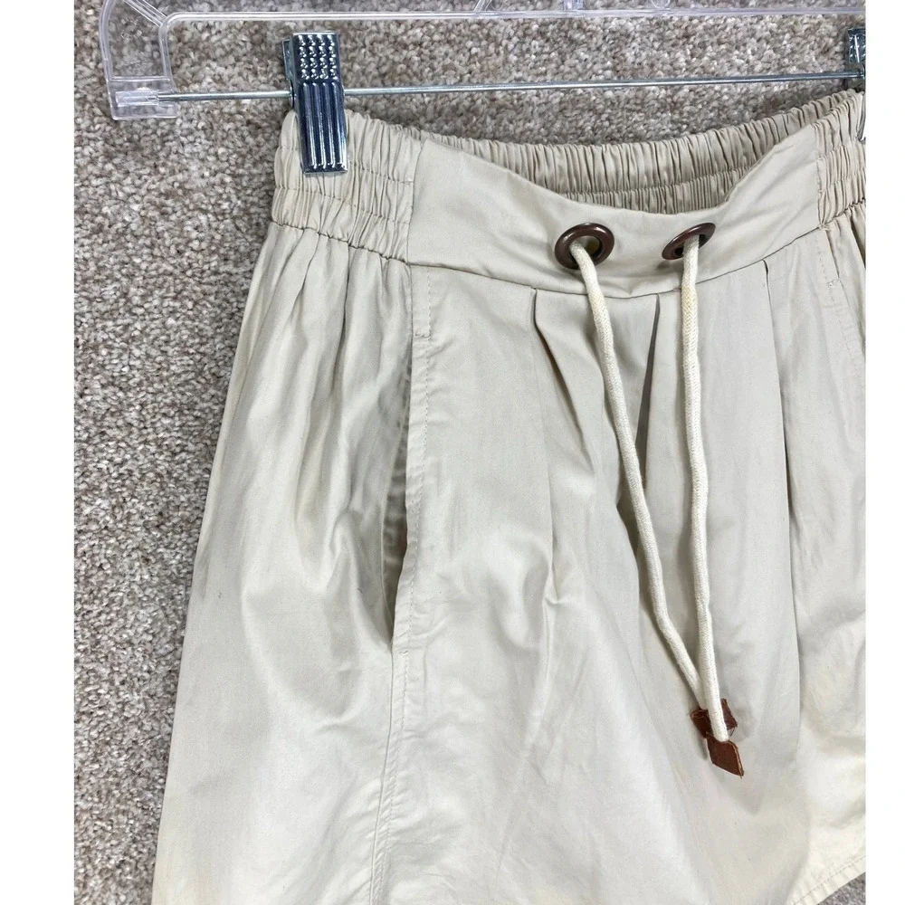 Zara Pleated Drawstring Mini Skirt Womens XS Beige Elastic Waist Cotton Coastal